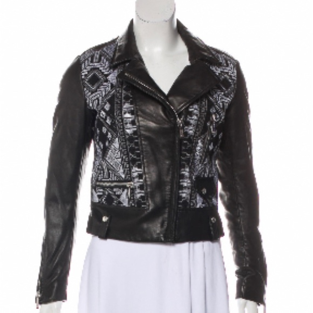 Barbara Bui Leather Biker Jacket with Embroidery at front
